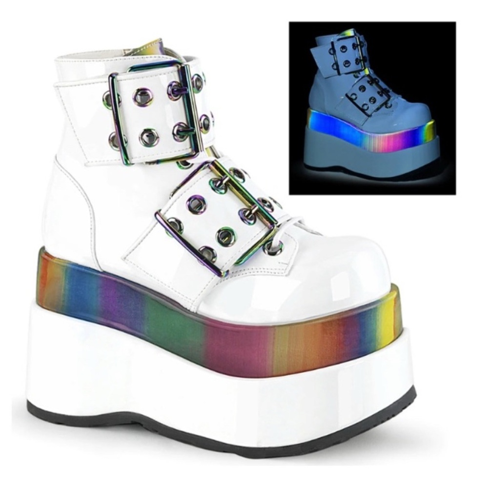 Demonia White Platform Boots with Rainbow Details